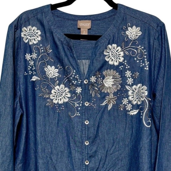 Chico's Western Chic Boho Cowgirl Denim Blouse Womens Size 2(Large) Artisanal‎ - Picture 2 of 6